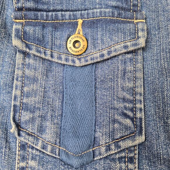 Liz Claiborne Denim Jean Jacket Knit Sleeves Shawl Collar Pocket Cuff Trim sz 14 - Picture 9 of 16